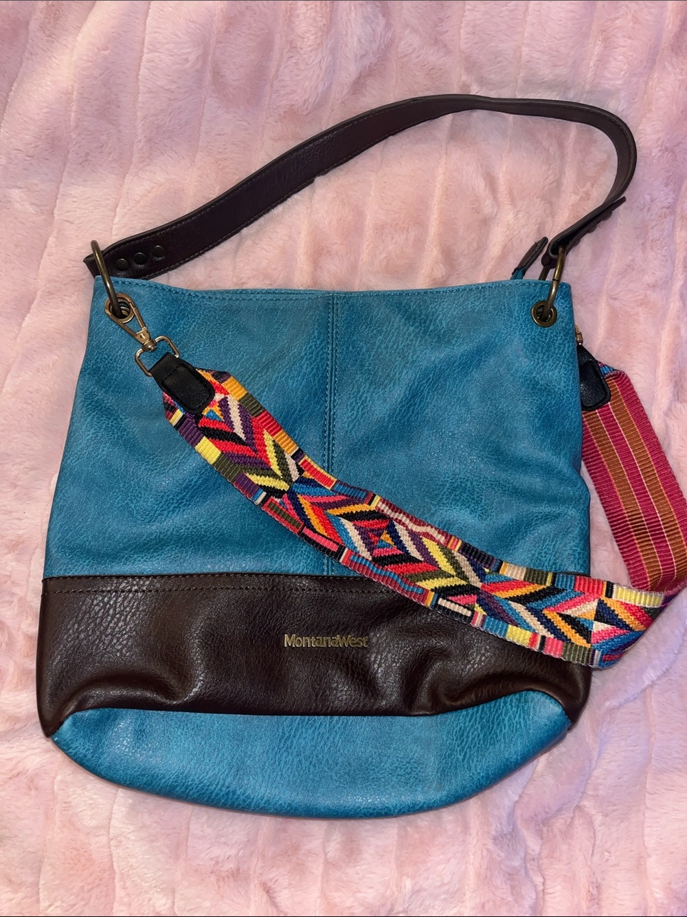 Montana West Teal and Brown Shoulder Bag with Multicolor Strap